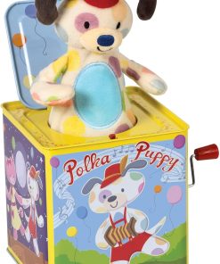 Schylling Polka Puppy Jack in the Box - Classic Children-s Musical Toy that Dances - Colorful Embossed Tin Box and Lovable Puppy Plush - Age 18 months and Up