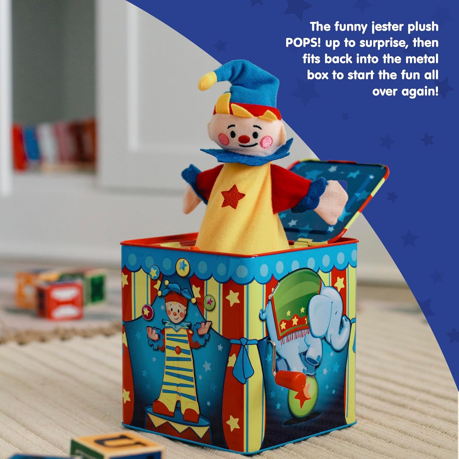Schylling Silly Circus Jack in the Box - Classic Children-s Musical Toy - Colorful Embossed Tin Box and Friendly Plush - Age 18 months and Up - Image 5