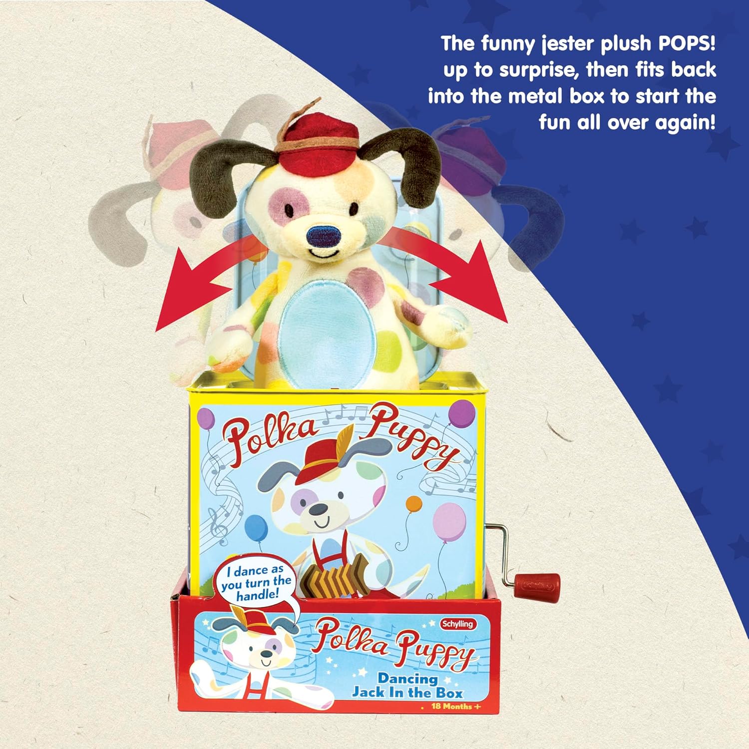 Schylling Polka Puppy Jack in the Box - Classic Children-s Musical Toy that Dances - Colorful Embossed Tin Box and Lovable Puppy Plush - Age 18 months and Up - Image 4
