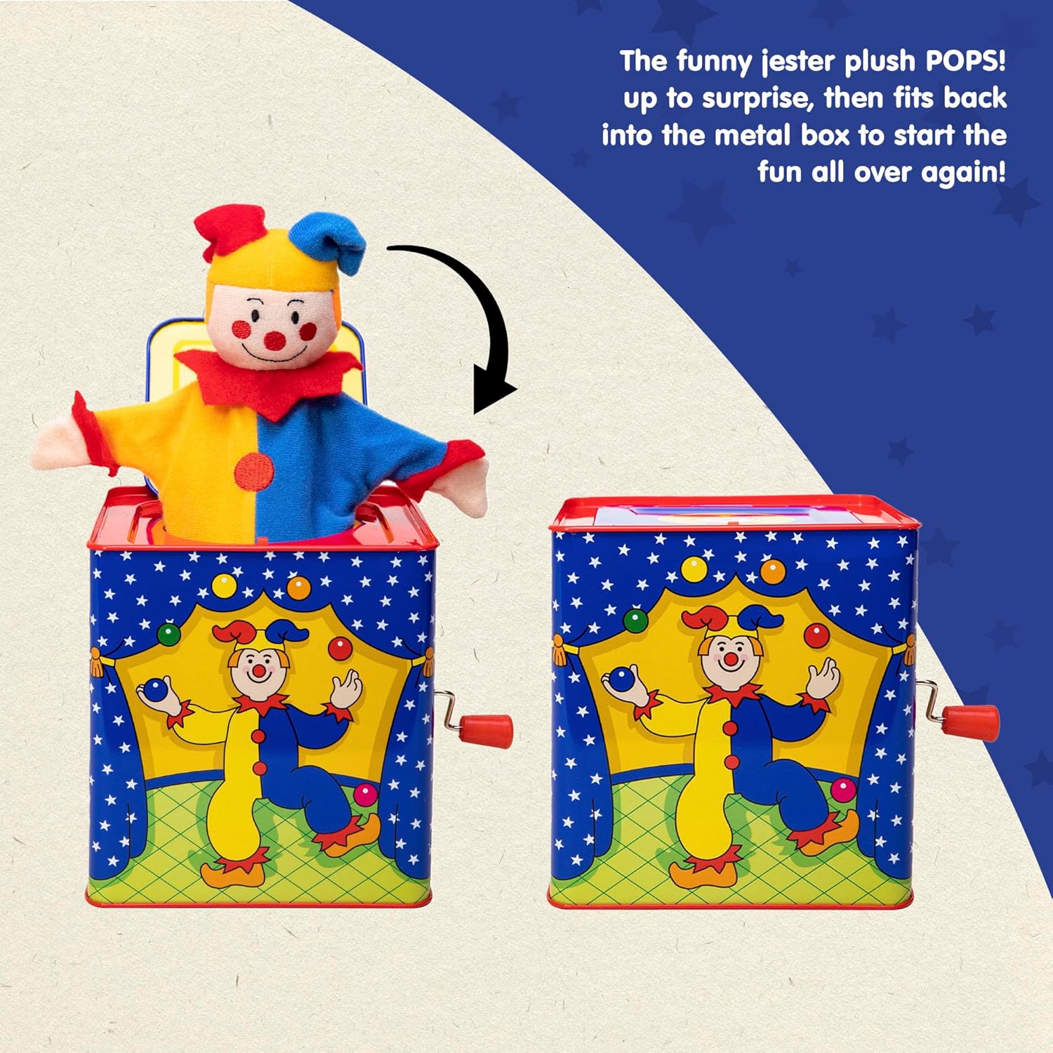 Schylling Jester Jack in the Box - Classic Children-s Musical Toy - Colorful and Durable Tin Box with Silly Jester Plush - Age 18 months and Up - Image 4