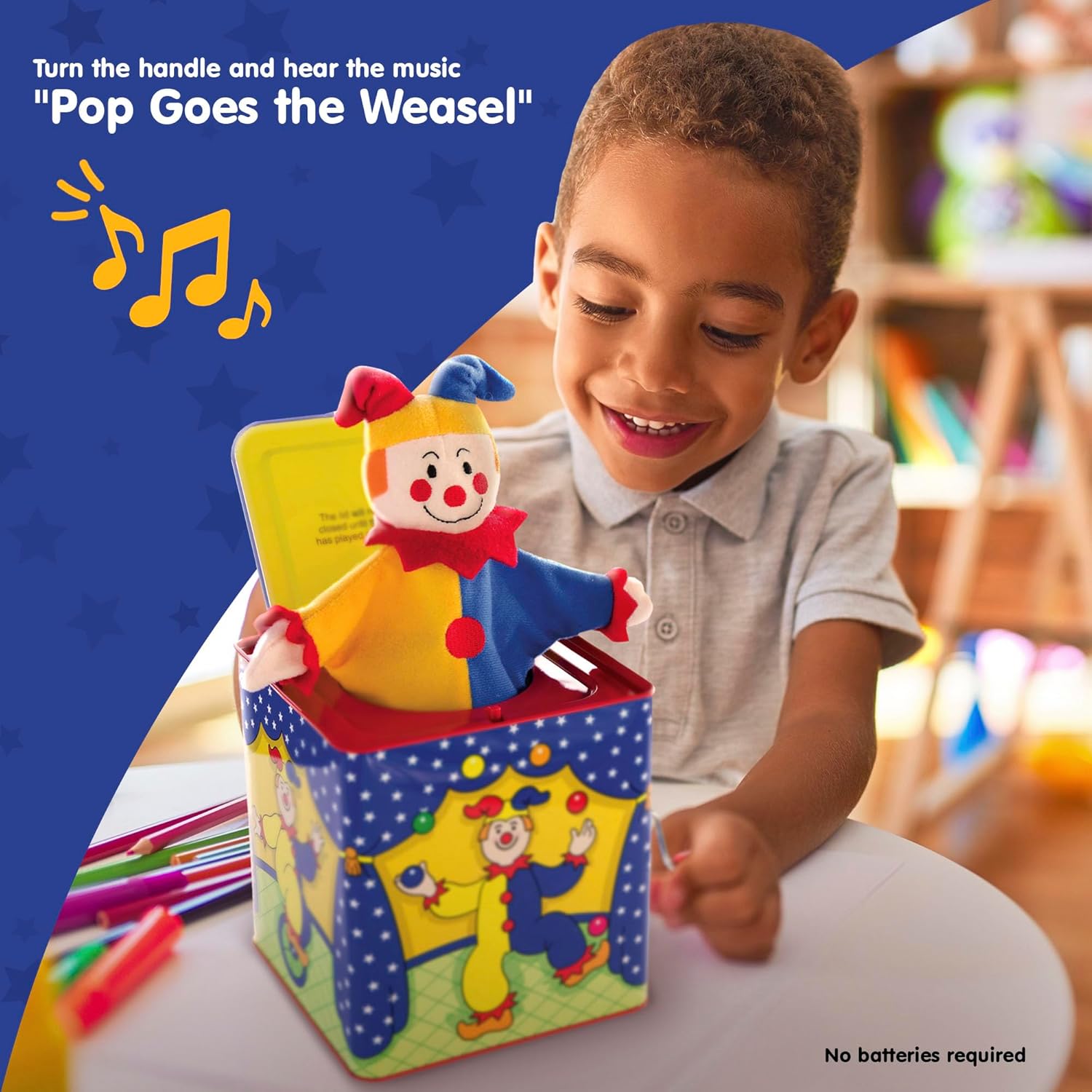 Schylling Jester Jack in the Box - Classic Children-s Musical Toy - Colorful and Durable Tin Box with Silly Jester Plush - Age 18 months and Up - Image 2