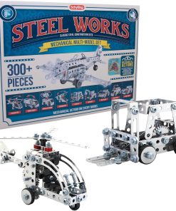 Schylling Steel Works Mechanical Multi-Model - Steel Building Set - Includes 300 Pieces. Tools. and Instructions to Make 10 Different Models - Ages 8 and Up