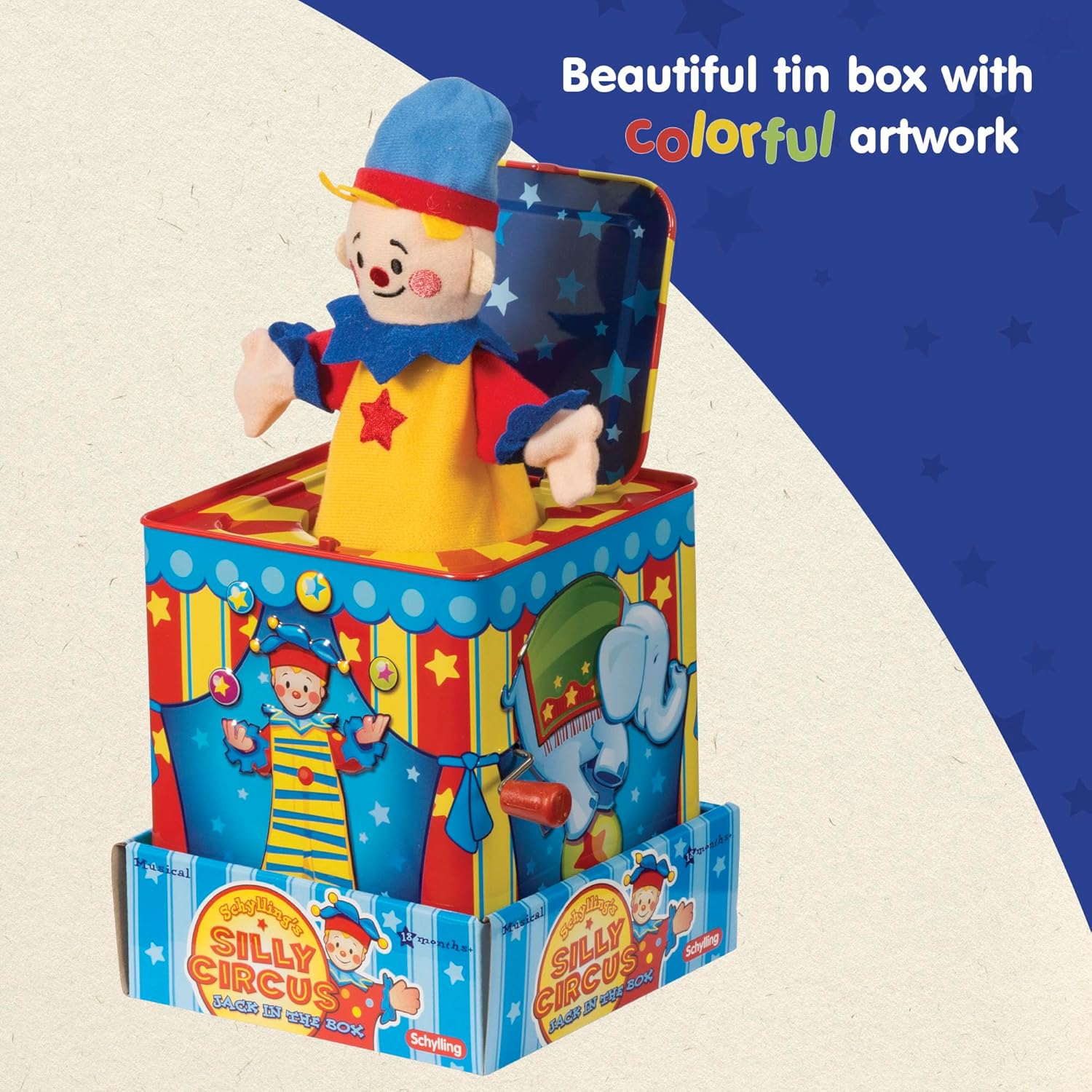 Schylling Silly Circus Jack in the Box - Classic Children-s Musical Toy - Colorful Embossed Tin Box and Friendly Plush - Age 18 months and Up - Image 4